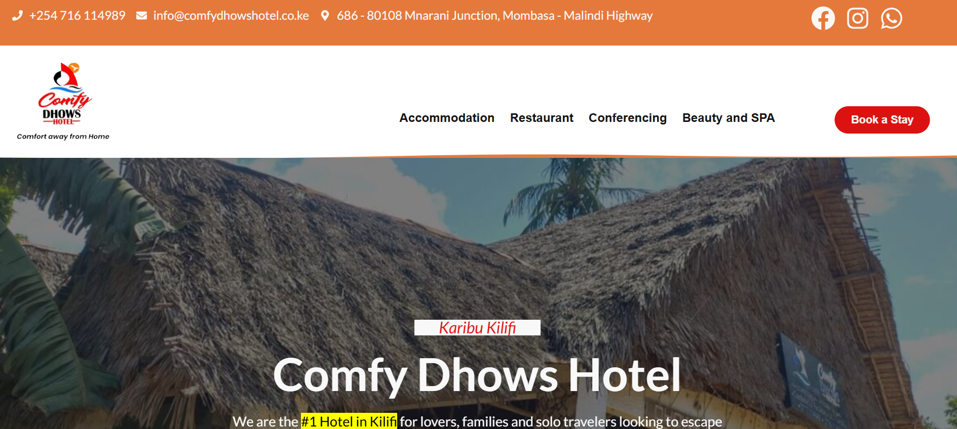 Comfy Dhows Hotel website screenshot